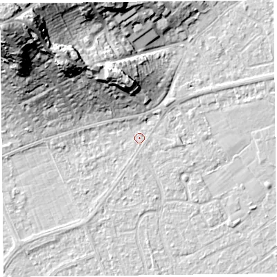 Shaded relief map of the ground around BS228QU, computed from Environment Agency LiDAR. The ground here sits at about 6 m above sea level and falls 37 m across the surrounding 800 m. Surface water reaching this point runs off ground lying to the north-north-west, 1.7 m higher.