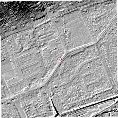 Shaded relief map of the ground around BS228QW, computed from Environment Agency LiDAR. The ground here sits at about 5 m above sea level and falls 16 m across the surrounding 800 m. Surface water reaching this point runs off ground lying to the north-east, 0.9 m higher.