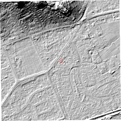 Shaded relief map of the ground around BS228QX, computed from Environment Agency LiDAR. The ground here sits at about 6 m above sea level and falls 25 m across the surrounding 800 m. Surface water reaching this point runs off ground lying to the north-east, 0.6 m higher.