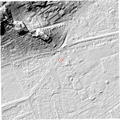 Shaded relief map of the ground around BS228QY, computed from Environment Agency LiDAR. The ground here sits at about 6 m above sea level and falls 33 m across the surrounding 800 m. Surface water reaching this point runs off ground lying to the north-north-east, 1.3 m higher.