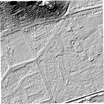 Shaded relief map of the ground around BS228QZ, computed from Environment Agency LiDAR. The ground here sits at about 5 m above sea level and falls 22 m across the surrounding 800 m. Surface water reaching this point runs off ground lying to the north, 0.6 m higher.