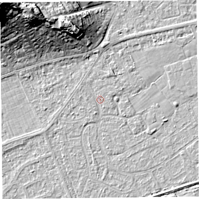 Shaded relief map of the ground around BS228RA, computed from Environment Agency LiDAR. The ground here sits at about 6 m above sea level and falls 29 m across the surrounding 800 m. Surface water reaching this point runs off ground lying to the north-north-east, 0.9 m higher.