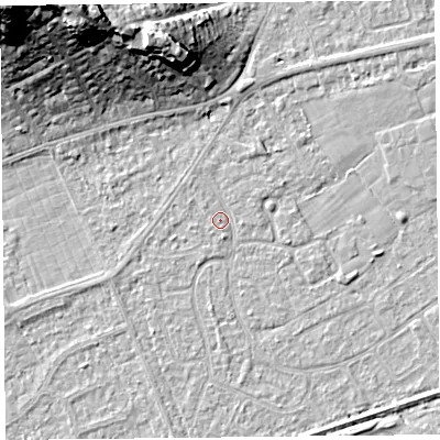 Shaded relief map of the ground around BS228RB, computed from Environment Agency LiDAR. The ground here sits at about 6 m above sea level and falls 29 m across the surrounding 800 m. Surface water reaching this point runs off ground lying to the north-north-east, 1.0 m higher.