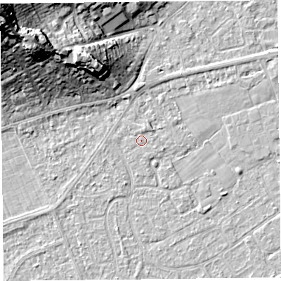 Shaded relief map of the ground around BS228RD, computed from Environment Agency LiDAR. The ground here sits at about 6 m above sea level and falls 31 m across the surrounding 800 m. The ground contributing surface water to this point lies to the south-south-east.