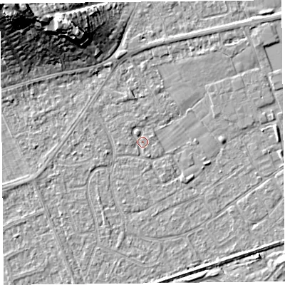 Shaded relief map of the ground around BS228RE, computed from Environment Agency LiDAR. The ground here sits at about 6 m above sea level and falls 22 m across the surrounding 800 m. Surface water reaching this point runs off ground lying to the south-south-east, 0.9 m higher.