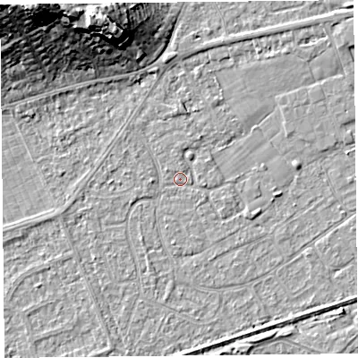 Shaded relief map of the ground around BS228RF, computed from Environment Agency LiDAR. The ground here sits at about 6 m above sea level and falls 21 m across the surrounding 800 m. Surface water reaching this point runs off ground lying to the north, 0.6 m higher.