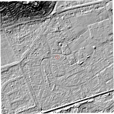 Shaded relief map of the ground around BS228RG, computed from Environment Agency LiDAR. The ground here sits at about 5 m above sea level and falls 16 m across the surrounding 800 m. Surface water reaching this point runs off ground lying to the east, 0.7 m higher.
