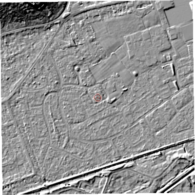 Shaded relief map of the ground around BS228RJ, computed from Environment Agency LiDAR. The ground here sits at about 6 m above sea level and falls 14 m across the surrounding 800 m. Surface water reaching this point runs off ground lying to the north-west, 1.0 m higher.
