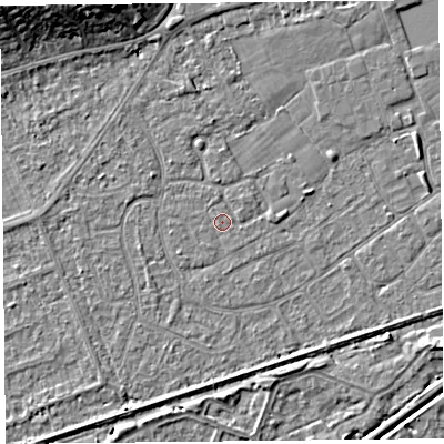 Shaded relief map of the ground around BS228RL, computed from Environment Agency LiDAR. The ground here sits at about 6 m above sea level and falls 9 m across the surrounding 800 m. Surface water reaching this point runs off ground lying to the north, 0.9 m higher.
