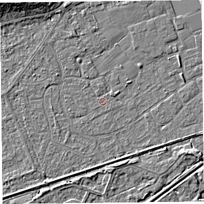 Shaded relief map of the ground around BS228RN, computed from Environment Agency LiDAR. The ground here sits at about 5 m above sea level and falls 7 m across the surrounding 800 m. Surface water reaching this point runs off ground lying to the north-north-west, 1.0 m higher.