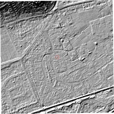 Shaded relief map of the ground around BS228RP, computed from Environment Agency LiDAR. The ground here sits at about 6 m above sea level and falls 15 m across the surrounding 800 m. The ground contributing surface water to this point lies to the south.