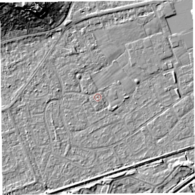 Shaded relief map of the ground around BS228RQ, computed from Environment Agency LiDAR. The ground here sits at about 6 m above sea level and falls 16 m across the surrounding 800 m. Surface water reaching this point runs off ground lying to the west-north-west, 1.0 m higher.