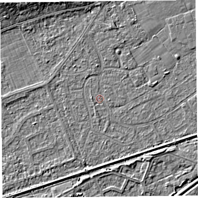 Shaded relief map of the ground around BS228RR, computed from Environment Agency LiDAR. The ground here sits at about 6 m above sea level and falls 6 m across the surrounding 800 m. Surface water reaching this point runs off ground lying to the north, 1.2 m higher.