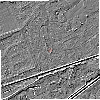 Shaded relief map of the ground around BS228RS, computed from Environment Agency LiDAR. The ground here sits at about 5 m above sea level and falls 3 m across the surrounding 800 m. Surface water reaching this point runs off ground lying to the south, 0.5 m higher.