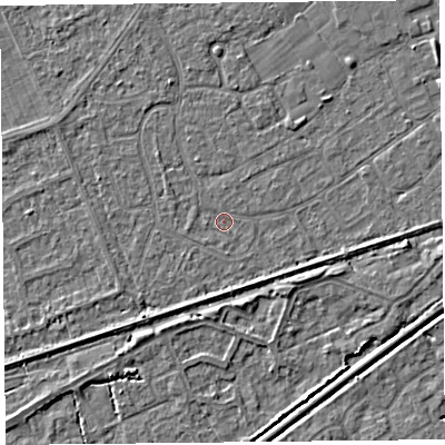 Shaded relief map of the ground around BS228RT, computed from Environment Agency LiDAR. The ground here sits at about 5 m above sea level and falls 3 m across the surrounding 800 m. Surface water reaching this point runs off ground lying to the north-north-west, 1.7 m higher.