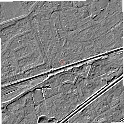 Shaded relief map of the ground around BS228RU, computed from Environment Agency LiDAR. The ground here sits at about 5 m above sea level and falls 3 m across the surrounding 800 m. Surface water reaching this point runs off ground lying to the north, 1.7 m higher.