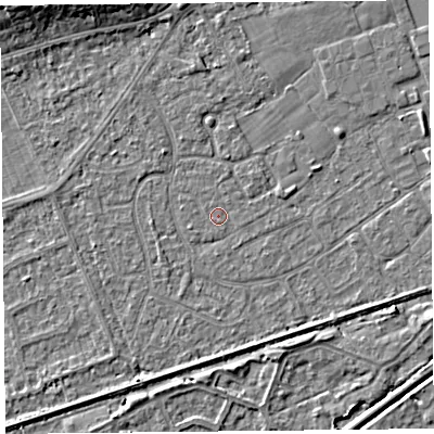 Shaded relief map of the ground around BS228RW, computed from Environment Agency LiDAR. The ground here sits at about 6 m above sea level and falls 6 m across the surrounding 800 m. The ground contributing surface water to this point lies to the north.