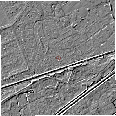 Shaded relief map of the ground around BS228RX, computed from Environment Agency LiDAR. The ground here sits at about 5 m above sea level and falls 4 m across the surrounding 800 m. Surface water reaching this point runs off ground lying to the north-north-west, 1.7 m higher.