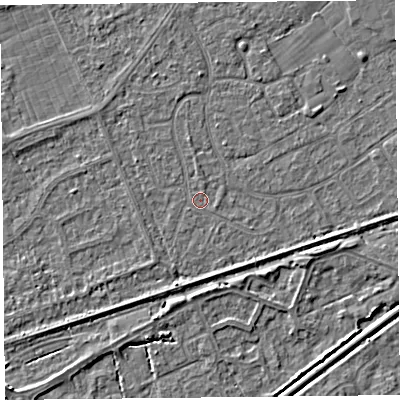 Shaded relief map of the ground around BS228RY, computed from Environment Agency LiDAR. The ground here sits at about 5 m above sea level and falls 3 m across the surrounding 800 m. Surface water reaching this point runs off ground lying to the north, 1.2 m higher.