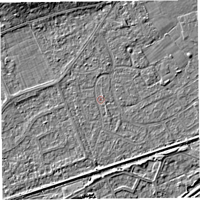 Shaded relief map of the ground around BS228RZ, computed from Environment Agency LiDAR. The ground here sits at about 5 m above sea level and falls 6 m across the surrounding 800 m. Surface water reaching this point runs off ground lying to the north-north-east, 1.1 m higher.
