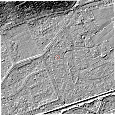 Shaded relief map of the ground around BS228SA, computed from Environment Agency LiDAR. The ground here sits at about 6 m above sea level and falls 10 m across the surrounding 800 m. Surface water reaching this point runs off ground lying to the north-east, 1.0 m higher.