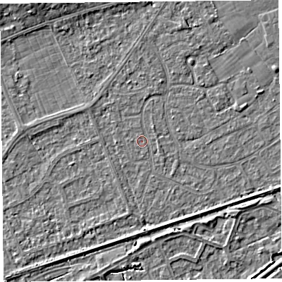 Shaded relief map of the ground around BS228SB, computed from Environment Agency LiDAR. The ground here sits at about 5 m above sea level and falls 4 m across the surrounding 800 m. Surface water reaching this point runs off ground lying to the north-north-east, 1.1 m higher.