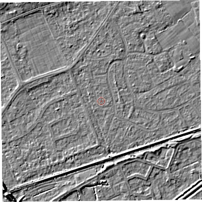 Shaded relief map of the ground around BS228SE, computed from Environment Agency LiDAR. The ground here sits at about 5 m above sea level and falls 6 m across the surrounding 800 m. Surface water reaching this point runs off ground lying to the north-west, 0.9 m higher.