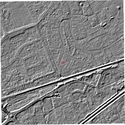 Shaded relief map of the ground around BS228SF, computed from Environment Agency LiDAR. The ground here sits at about 5 m above sea level and falls 5 m across the surrounding 800 m. Surface water reaching this point runs off ground lying to the north-north-east, 0.6 m higher.