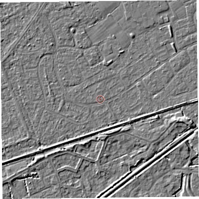 Shaded relief map of the ground around BS228SG, computed from Environment Agency LiDAR. The ground here sits at about 5 m above sea level and falls 4 m across the surrounding 800 m. Surface water reaching this point runs off ground lying to the north-east, 2.1 m higher.