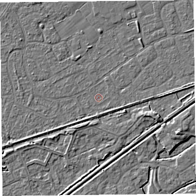Shaded relief map of the ground around BS228SH, computed from Environment Agency LiDAR. The ground here sits at about 5 m above sea level and falls 4 m across the surrounding 800 m. Surface water reaching this point runs off ground lying to the north-east, 0.5 m higher.