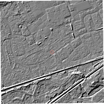 Shaded relief map of the ground around BS228SJ, computed from Environment Agency LiDAR. The ground here sits at about 5 m above sea level and falls 4 m across the surrounding 800 m. Surface water reaching this point runs off ground lying to the east-south-east, 2.3 m higher.