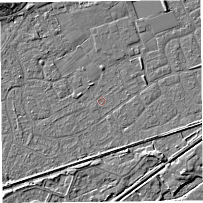 Shaded relief map of the ground around BS228SL, computed from Environment Agency LiDAR. The ground here sits at about 5 m above sea level and falls 6 m across the surrounding 800 m. The ground contributing surface water to this point lies to the east-north-east.