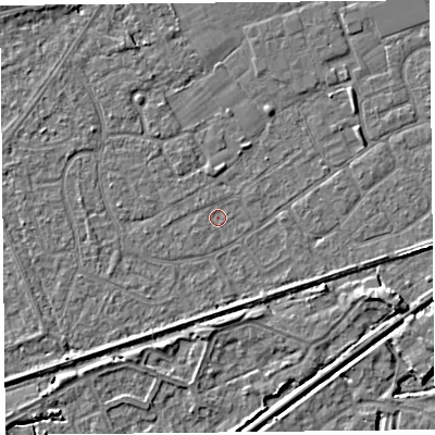 Shaded relief map of the ground around BS228SN, computed from Environment Agency LiDAR. The ground here sits at about 5 m above sea level and falls 4 m across the surrounding 800 m. Surface water reaching this point runs off ground lying to the west-south-west, 0.6 m higher.
