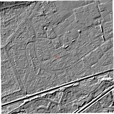 Shaded relief map of the ground around BS228SP, computed from Environment Agency LiDAR. The ground here sits at about 5 m above sea level and falls 4 m across the surrounding 800 m. Surface water reaching this point runs off ground lying to the south-west, 0.5 m higher.