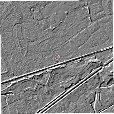 Shaded relief map of the ground around BS228SQ, computed from Environment Agency LiDAR. The ground here sits at about 5 m above sea level and falls 4 m across the surrounding 800 m. Surface water reaching this point runs off ground lying to the east, 1.4 m higher.