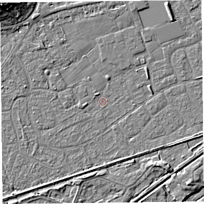 Shaded relief map of the ground around BS228SR, computed from Environment Agency LiDAR. The ground here sits at about 5 m above sea level and falls 15 m across the surrounding 800 m. Surface water reaching this point runs off ground lying to the north-west, 1.2 m higher.