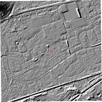 Shaded relief map of the ground around BS228SS, computed from Environment Agency LiDAR. The ground here sits at about 5 m above sea level and falls 9 m across the surrounding 800 m. Surface water reaching this point runs off ground lying to the west-south-west, 1.2 m higher.