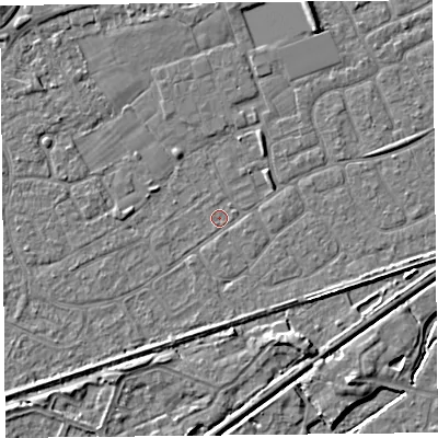 Shaded relief map of the ground around BS228ST, computed from Environment Agency LiDAR. The ground here sits at about 5 m above sea level and falls 4 m across the surrounding 800 m. Surface water reaching this point runs off ground lying to the east-south-east, 2.3 m higher.