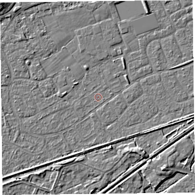 Shaded relief map of the ground around BS228SU, computed from Environment Agency LiDAR. The ground here sits at about 5 m above sea level and falls 5 m across the surrounding 800 m. The ground contributing surface water to this point lies to the west-south-west.