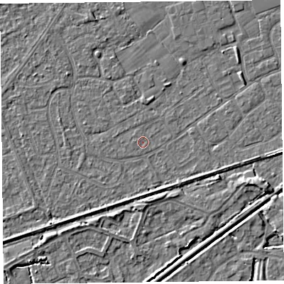 Shaded relief map of the ground around BS228SW, computed from Environment Agency LiDAR. The ground here sits at about 6 m above sea level and falls 4 m across the surrounding 800 m. The ground contributing surface water to this point lies to the north.