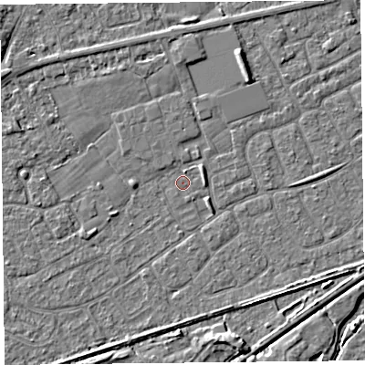Shaded relief map of the ground around BS228SX, computed from Environment Agency LiDAR. The ground here sits at about 5 m above sea level and falls 4 m across the surrounding 800 m. Surface water reaching this point runs off ground lying to the west-north-west, 1.9 m higher.
