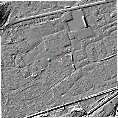 Shaded relief map of the ground around BS228SY, computed from Environment Agency LiDAR. The ground here sits at about 5 m above sea level and falls 6 m across the surrounding 800 m. Surface water reaching this point runs off ground lying to the west-north-west, 1.7 m higher.
