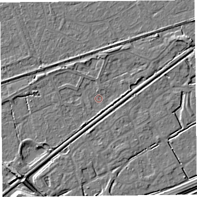 Shaded relief map of the ground around BS228SZ, computed from Environment Agency LiDAR. The ground here sits at about 5 m above sea level and falls 9 m across the surrounding 800 m. Surface water reaching this point runs off ground lying to the east-south-east, 2.1 m higher.