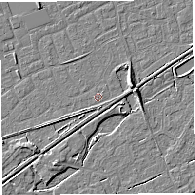 Shaded relief map of the ground around BS228TU, computed from Environment Agency LiDAR. The ground here sits at about 6 m above sea level and falls 7 m across the surrounding 800 m. Surface water reaching this point runs off ground lying to the south-west, 1.7 m higher.