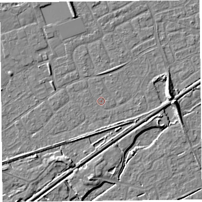 Shaded relief map of the ground around BS228TX, computed from Environment Agency LiDAR. The ground here sits at about 6 m above sea level and falls 7 m across the surrounding 800 m. Surface water reaching this point runs off ground lying to the east, 0.7 m higher.