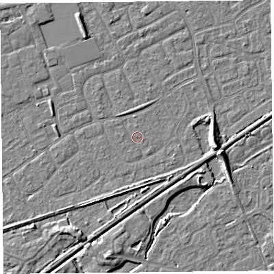 Shaded relief map of the ground around BS228TY, computed from Environment Agency LiDAR. The ground here sits at about 6 m above sea level and falls 7 m across the surrounding 800 m. Surface water reaching this point runs off ground lying to the west-north-west, 0.5 m higher.