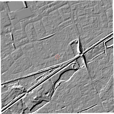 Shaded relief map of the ground around BS228TZ, computed from Environment Agency LiDAR. The ground here sits at about 6 m above sea level and falls 7 m across the surrounding 800 m. Surface water reaching this point runs off ground lying to the east-south-east, 0.6 m higher.