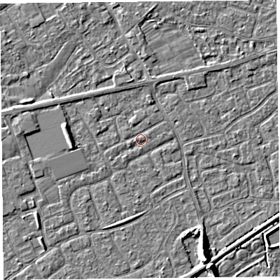 Shaded relief map of the ground around BS228UH, computed from Environment Agency LiDAR. The ground here sits at about 6 m above sea level and falls 7 m across the surrounding 800 m. Surface water reaching this point runs off ground lying to the west-south-west, 0.7 m higher.