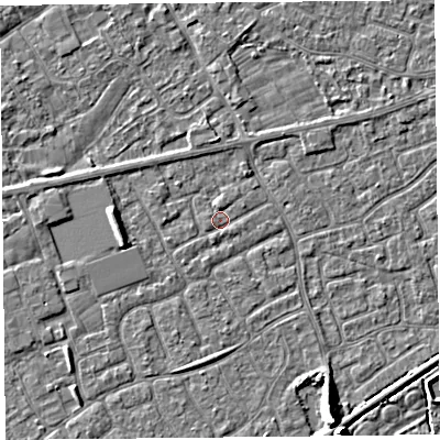 Shaded relief map of the ground around BS228UJ, computed from Environment Agency LiDAR. The ground here sits at about 6 m above sea level and falls 7 m across the surrounding 800 m. Surface water reaching this point runs off ground lying to the north, 0.6 m higher.