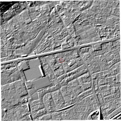Shaded relief map of the ground around BS228UL, computed from Environment Agency LiDAR. The ground here sits at about 6 m above sea level and falls 8 m across the surrounding 800 m. Surface water reaching this point runs off ground lying to the east-south-east, 0.7 m higher.